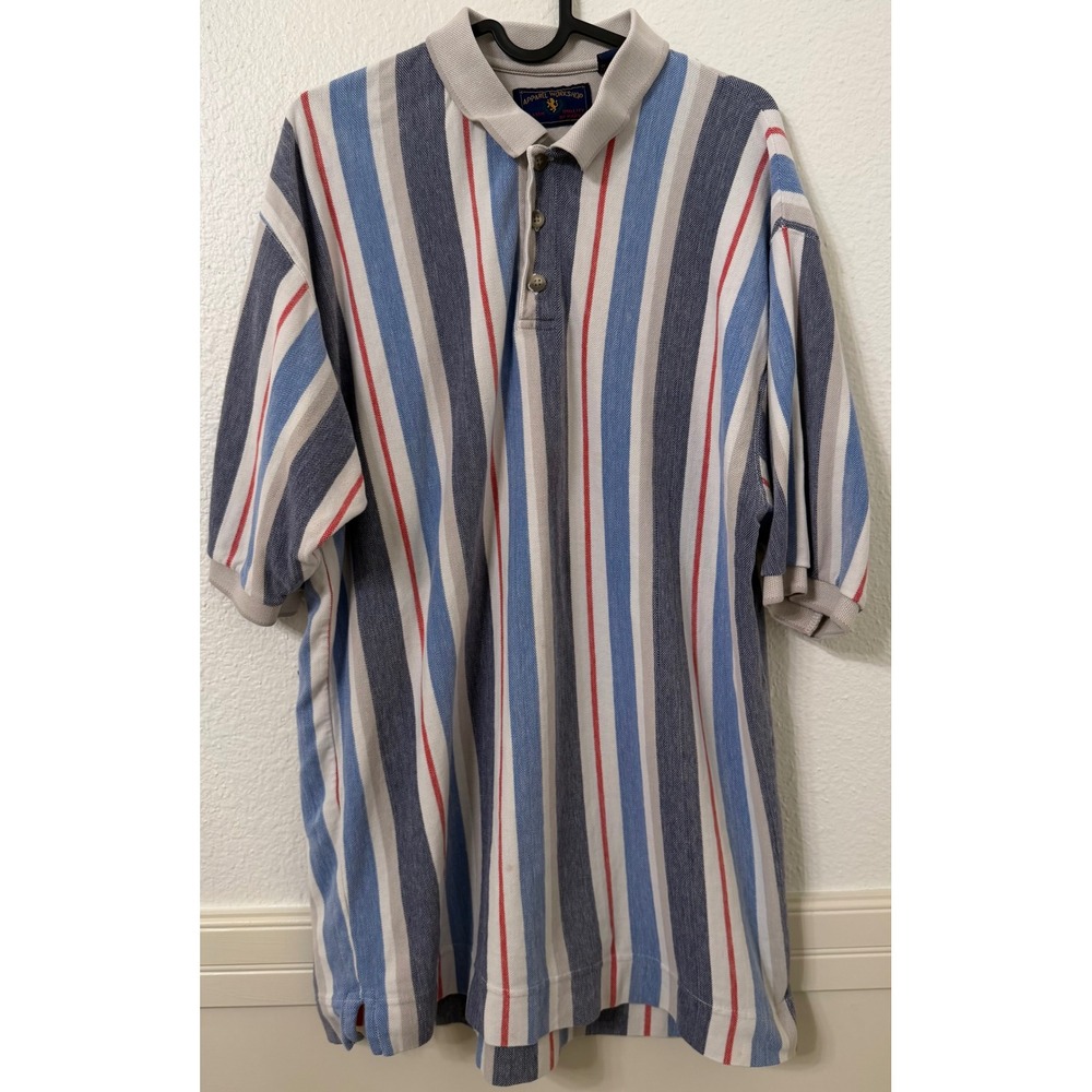 Apparel Workshop Mens XL Polo Shirt Vertical Stripe Blue Grey White Red Casual